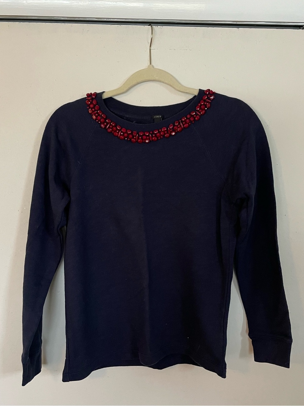 J. Crew Navy Crewneck Sweater with Red Beaded Trim